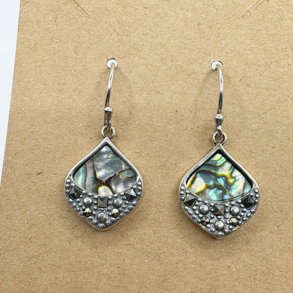 Sterling Silver Abalone Marcasite Sparkling Iridescent Drop Earrings SLC 925 Th - Picture 2 of 16